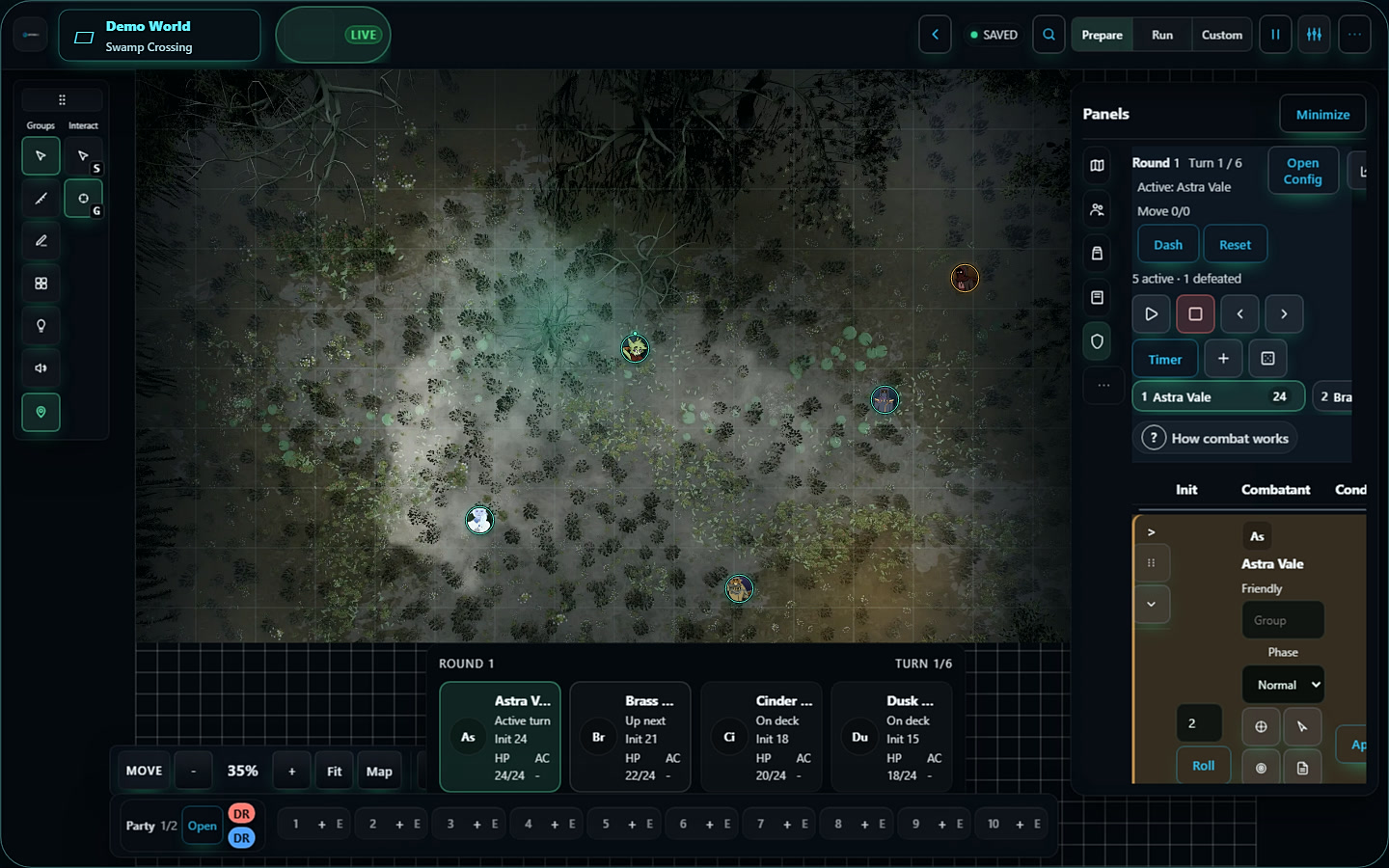 Aethera VTT showing a swamp battle map with five player-drawn character tokens and combat controls