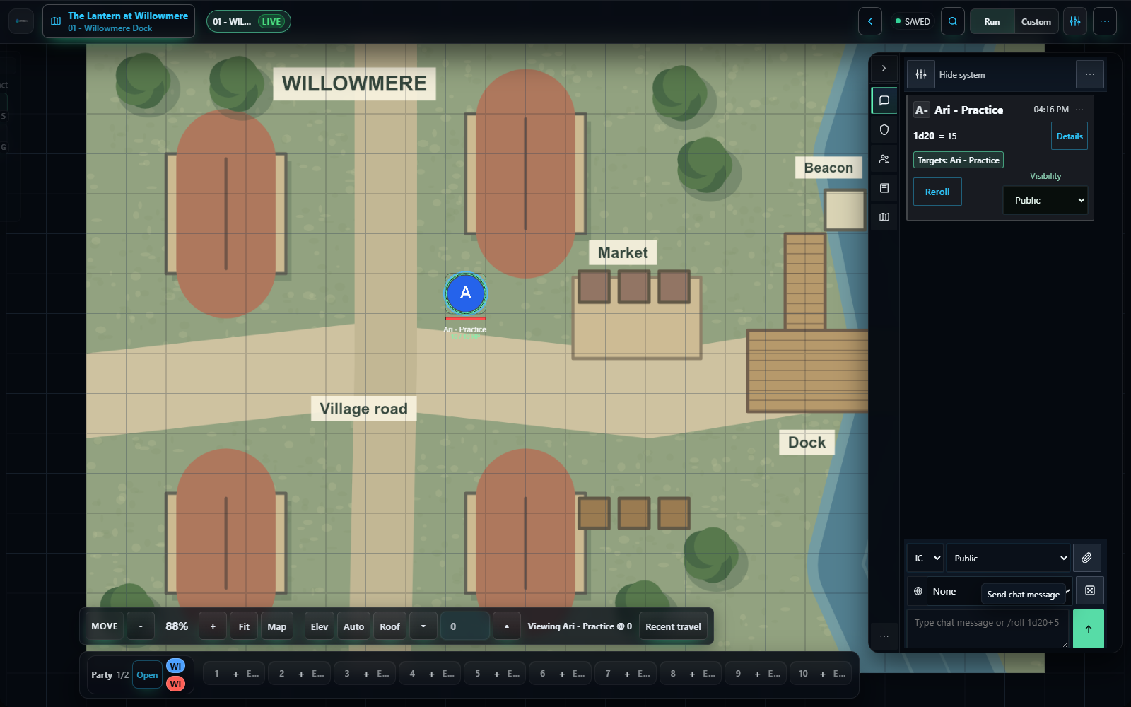 A player-side practice roll in Public chat beside the Willowmere dock map.