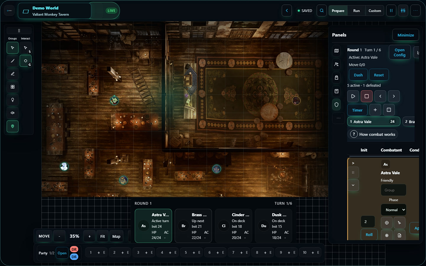 Aethera VTT showing a warm tavern map with five player-drawn character tokens and combat controls